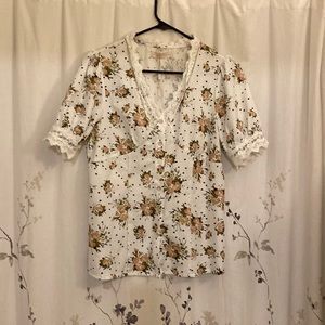 Womens Blouse white with floral print lace trim